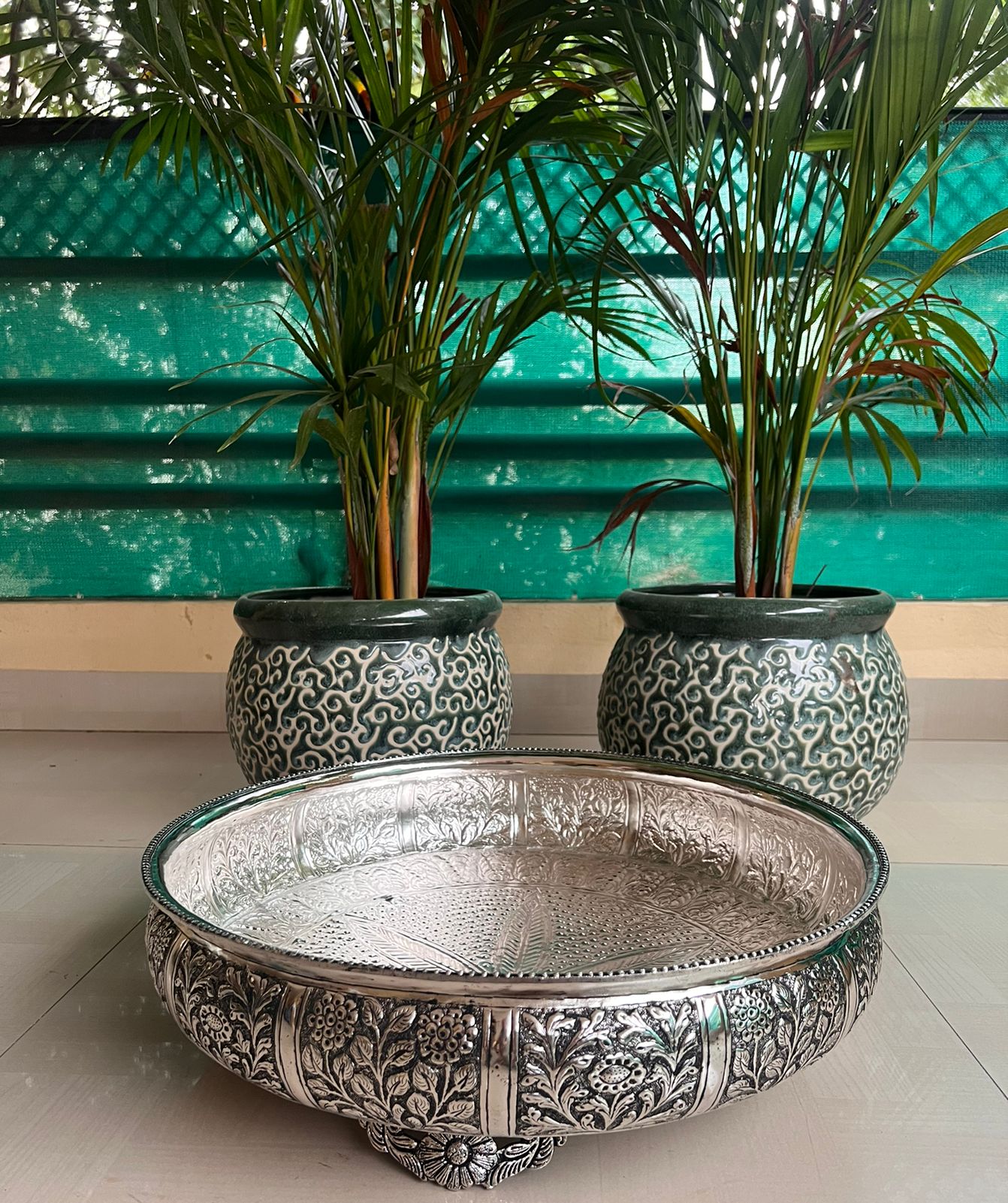 Antique finish German silver fully carved urli bowl for home decor